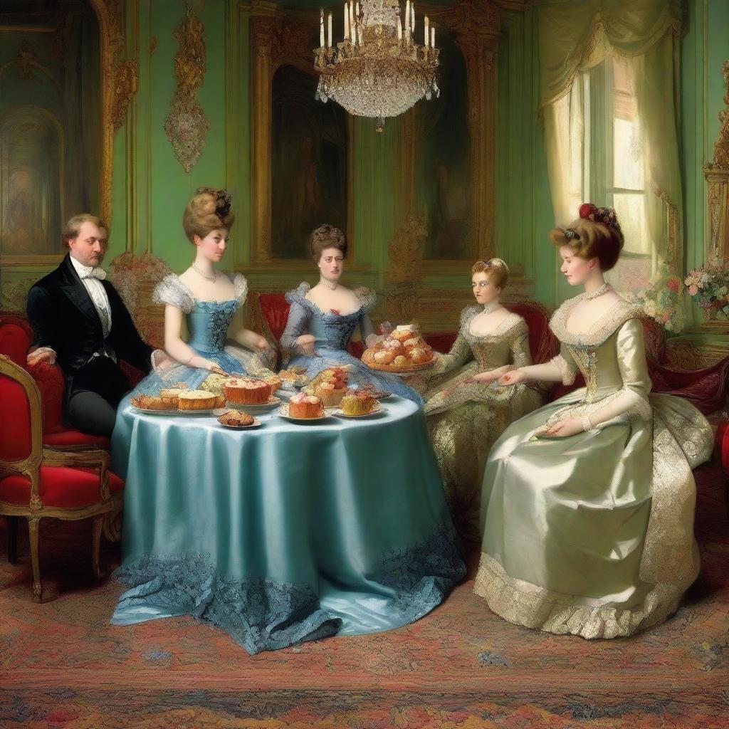 A classy depiction of European aristocrats elegantly indulging in decadently filled muffins in a lavishly decorated salon.