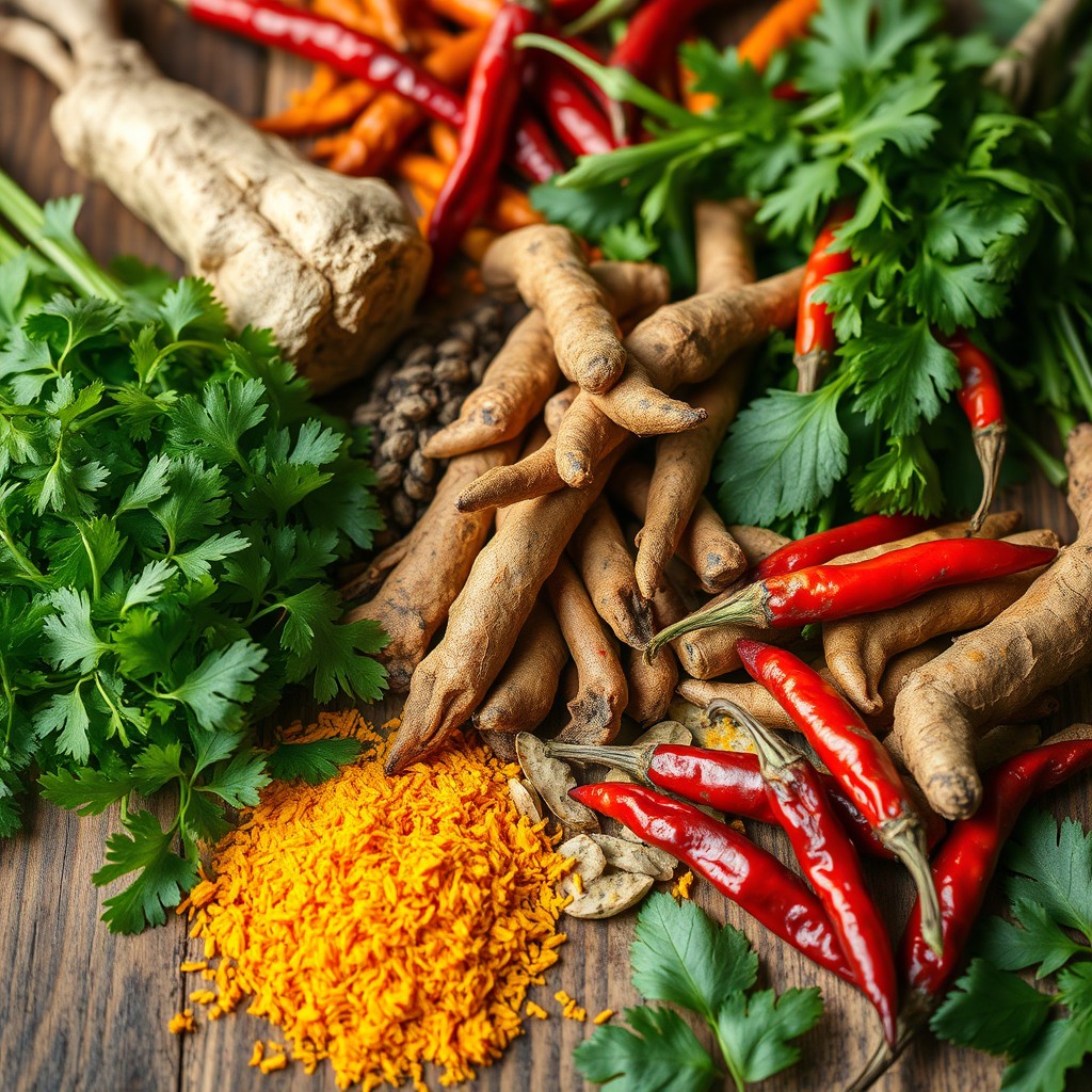 An artistic representation of a vibrant Indian herbs background featuring various fresh and dried herbs commonly found in Indian cuisine