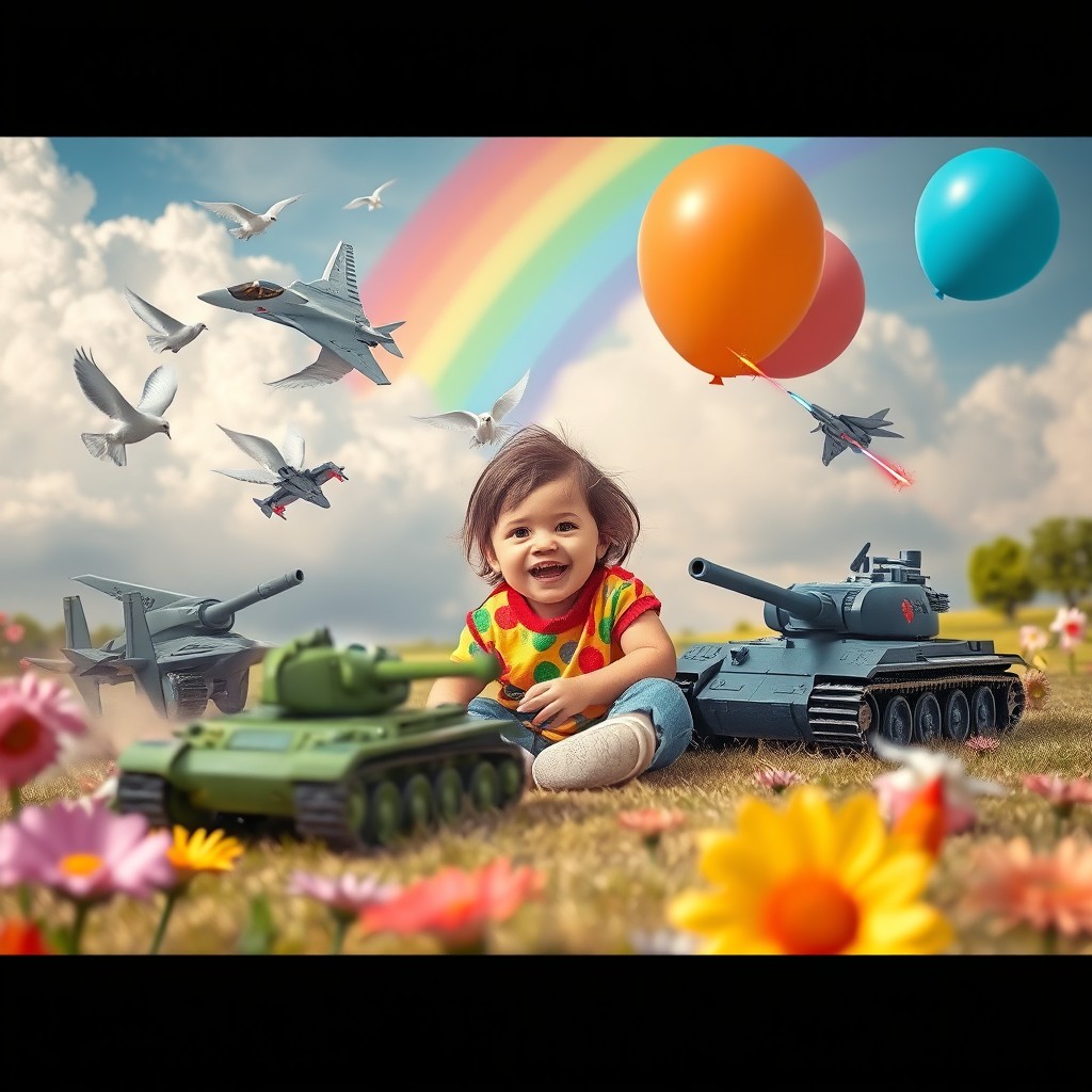 A surreal scene depicting a child joyfully playing with toy tanks and fighter jets in an imaginative landscape