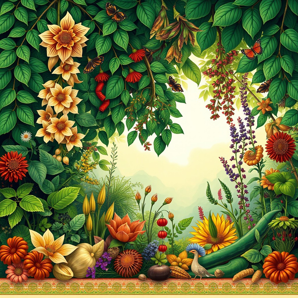 An intricate and colorful representation of Indian herbal heritage, showcasing a wide variety of traditional herbs and plants native to India