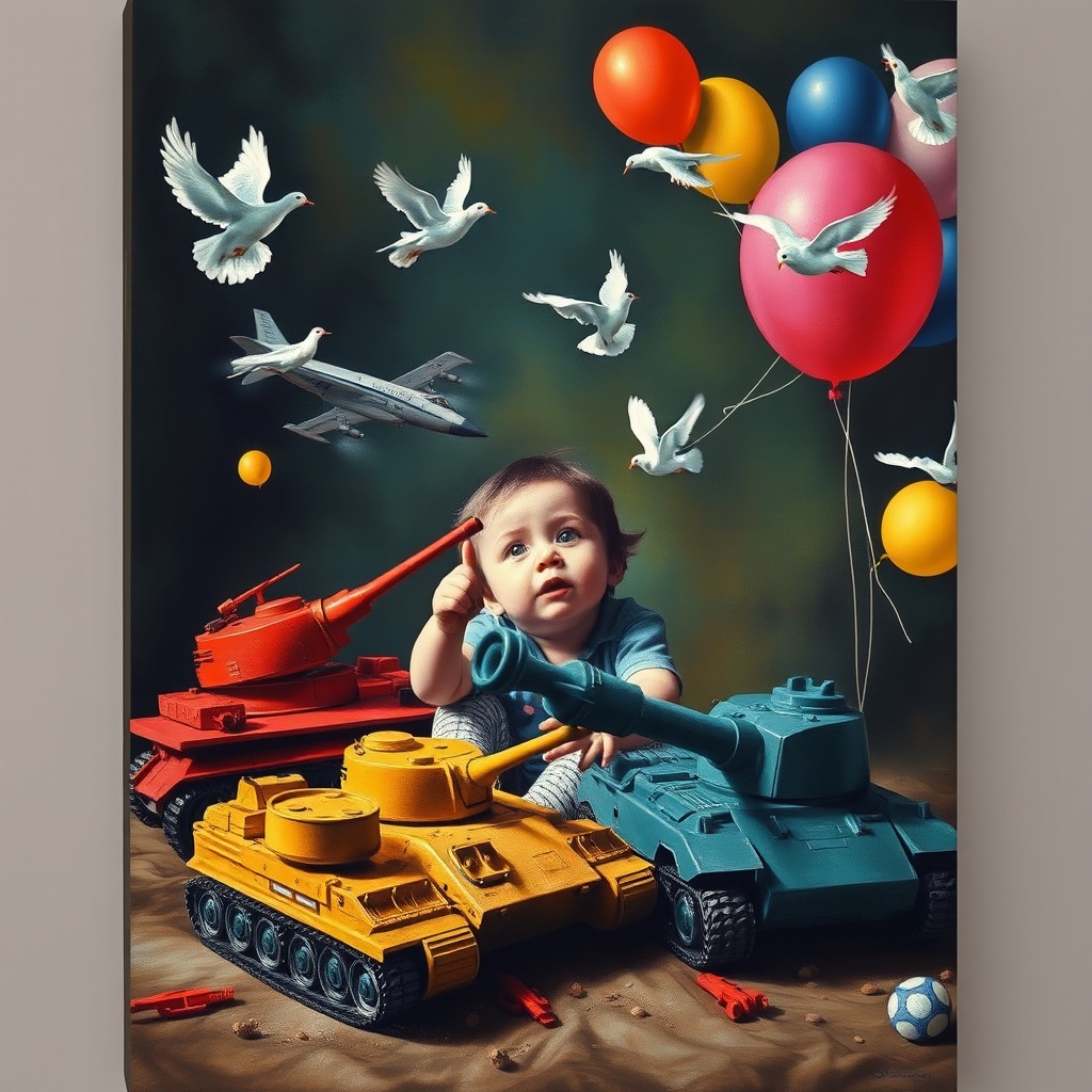 A surrealistic artwork featuring a child immersed in a playful battle with toy tanks and fighter jets