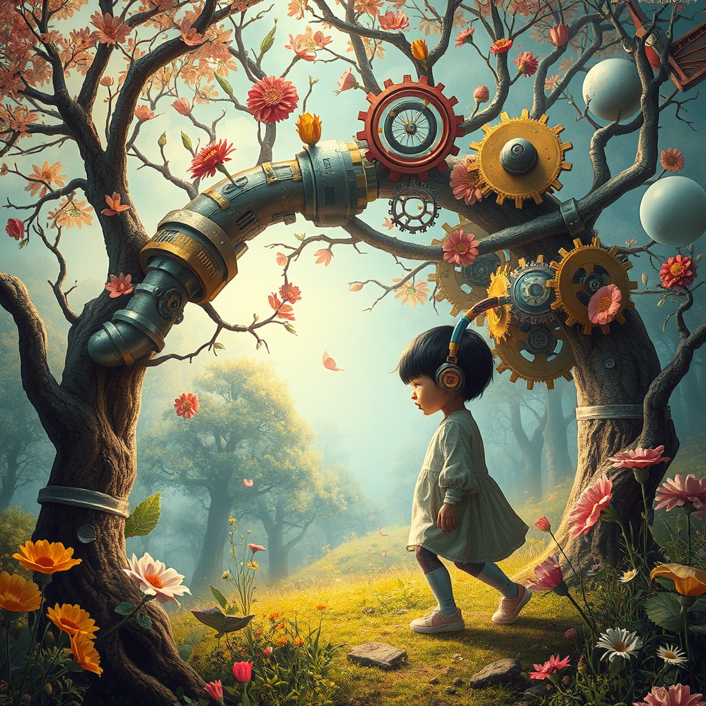 A surrealistic representation of a journey where a child fuses with machines and nature, depicting elements like robotic limbs intertwined with tree branches, gears merging with flowers, and a dreamy landscape that combines a forest with futuristic technology