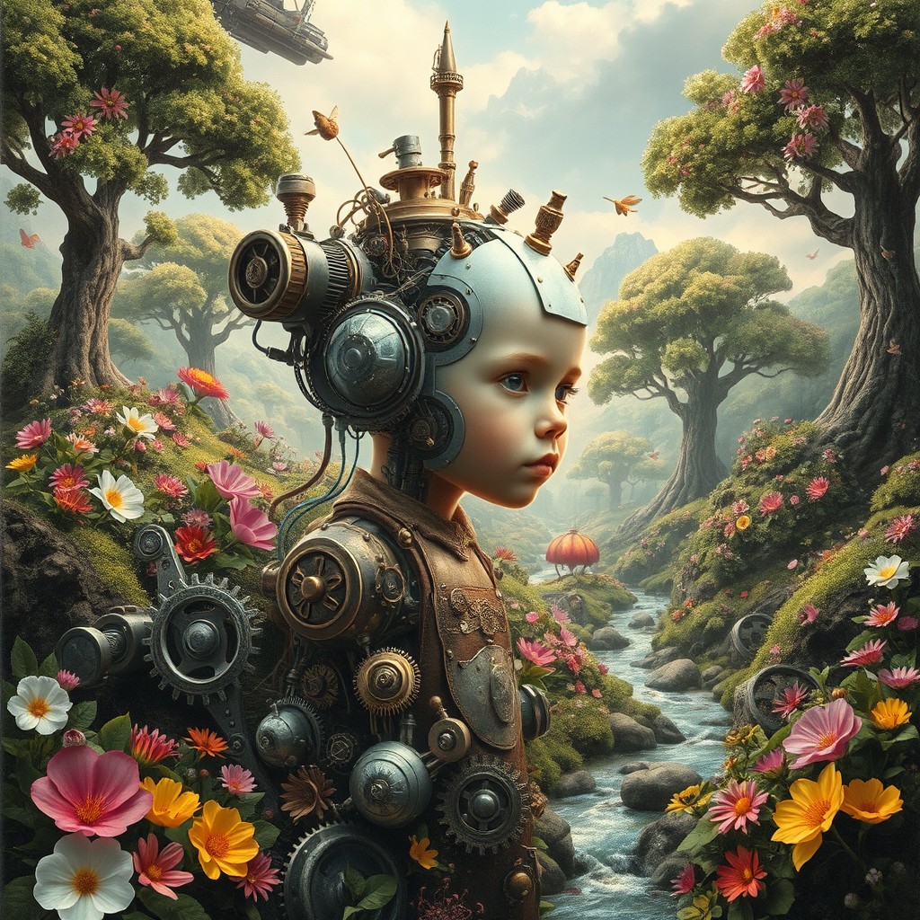 A surrealist art piece depicting the journey of a child who fuses with both machine and nature