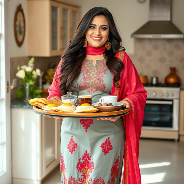 A curvy Pakistani Muslim model wearing a beautiful traditional dress that elegantly showcases her figure, featuring intricate embroidery and vibrant colors