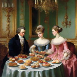 A classy depiction of European aristocrats elegantly indulging in decadently filled muffins in a lavishly decorated salon.