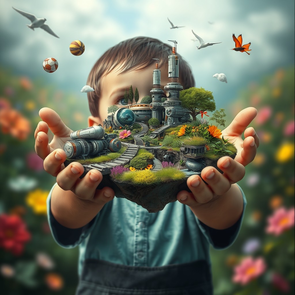 A surrealistic artwork depicting a child holding a small island in their hands
