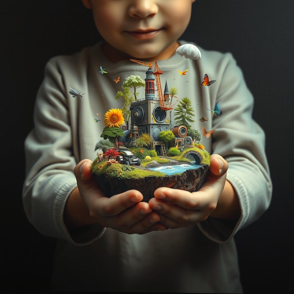 A surrealistic artwork featuring a child gently cradling a small island in their hands