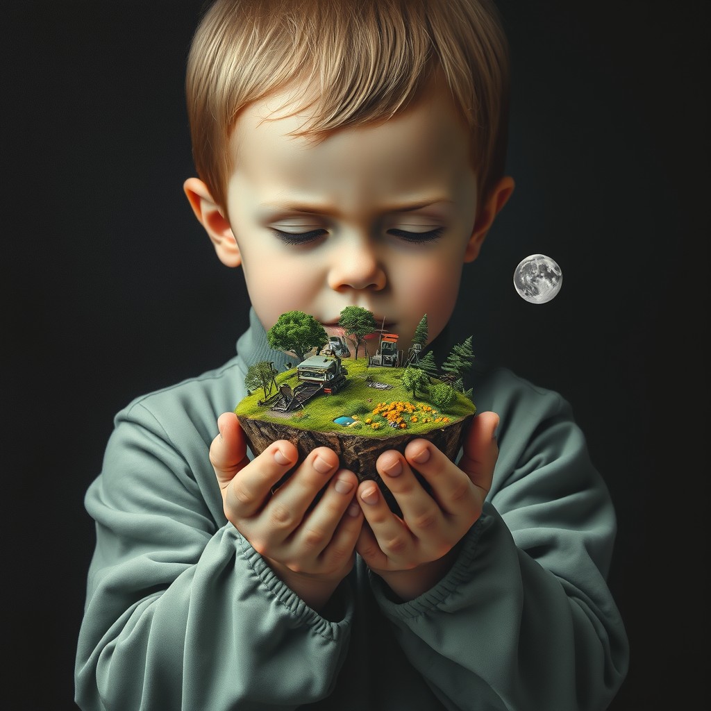 A surrealist artwork featuring a child with a visible face, gently cradling a small island in their hands