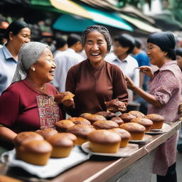 A vibrant scene of locals in Indonesia joyfully savoring rich, chocolate muffins at a bustling street food market.