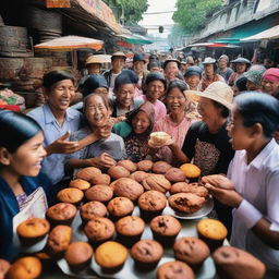 A vibrant scene of locals in Indonesia joyfully savoring rich, chocolate muffins at a bustling street food market.