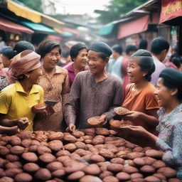 A vibrant scene of locals in Indonesia joyfully savoring rich, chocolate muffins at a bustling street food market.