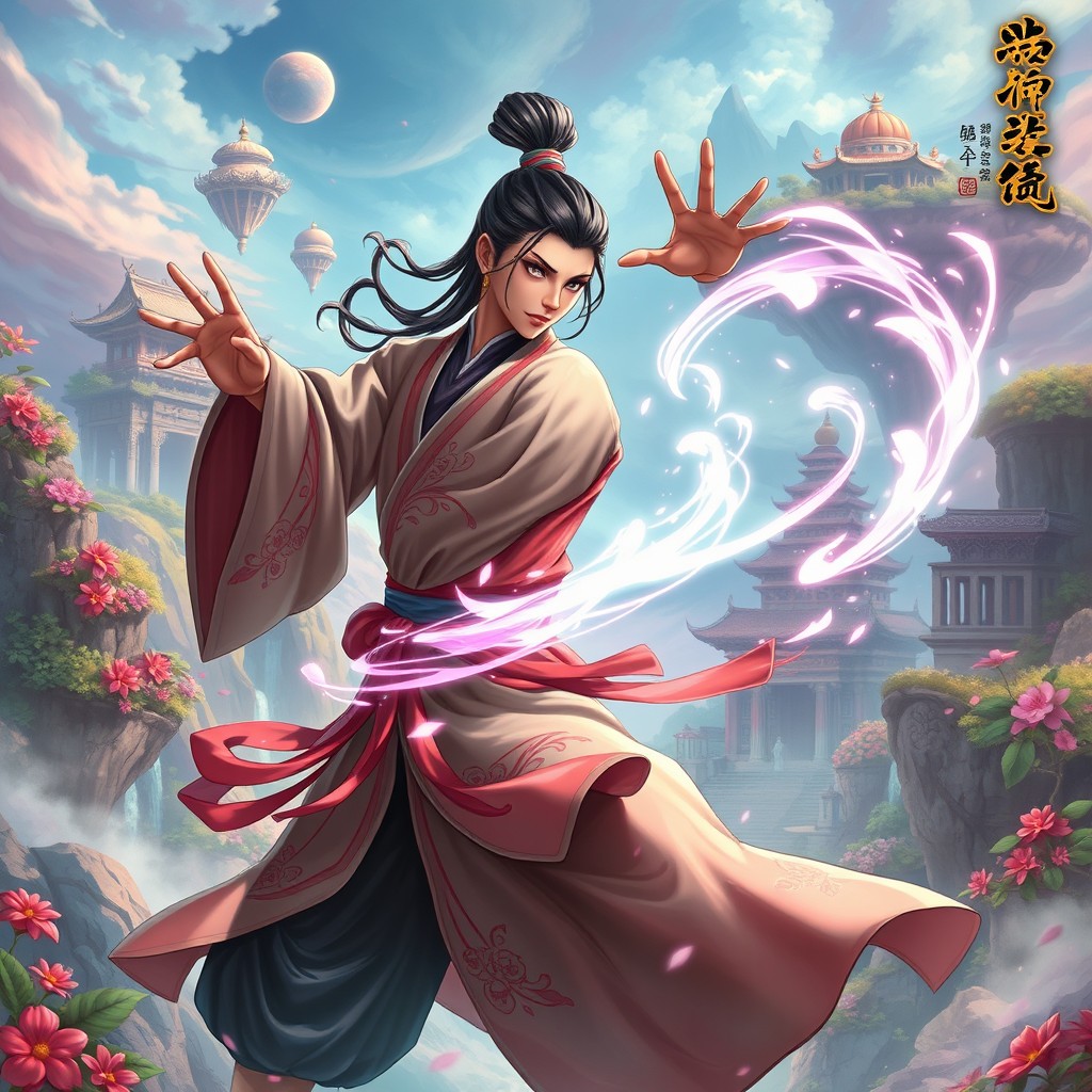 A character resembling a skilled cultivator in a Korean manhwa style, with dynamic features and intricate details