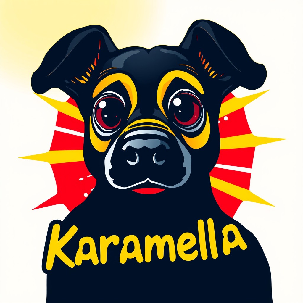 A vibrant pop art style artwork featuring Karamella with eye-catching colors including bright yellow, bold red, deep black, and clean white