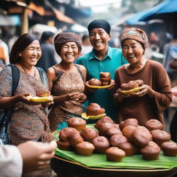 A vibrant scene of locals in Indonesia joyfully savoring rich, chocolate muffins at a bustling street food market.