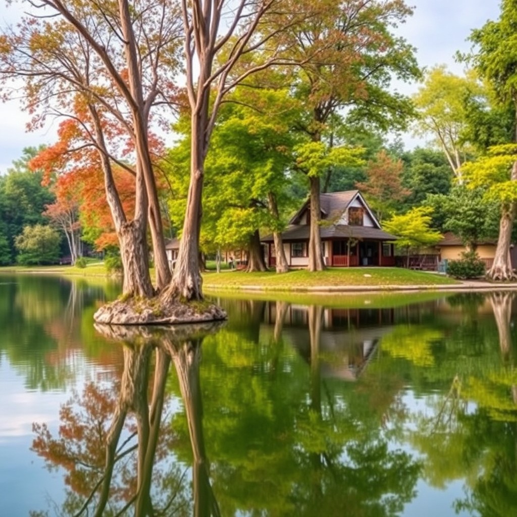 A serene vacation scene featuring an artificial lake park surrounded by lush greenery