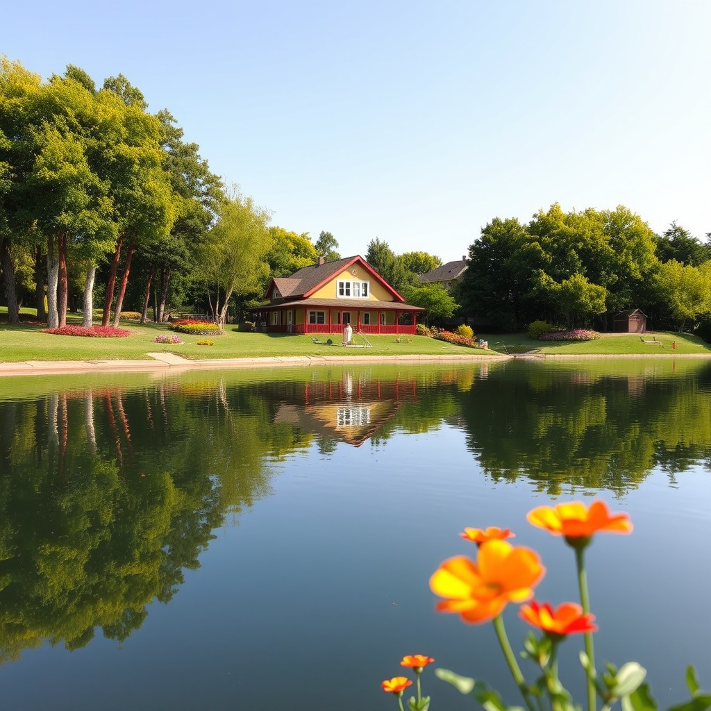 A serene vacation scene at an artificial lake park, featuring stunning scenery