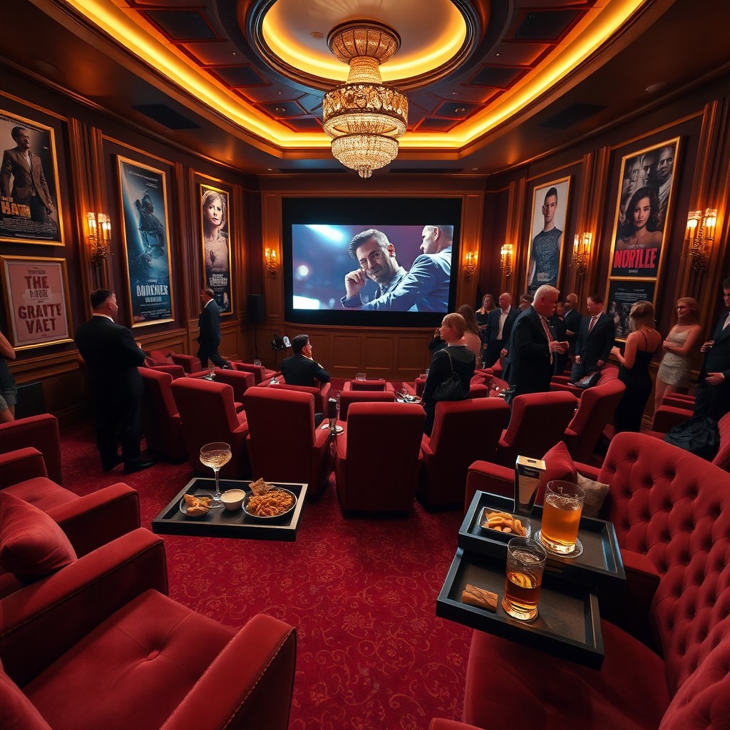 A luxurious movie night setting featuring a grand home theater with plush velvet seating, golden accents, and ambient lighting