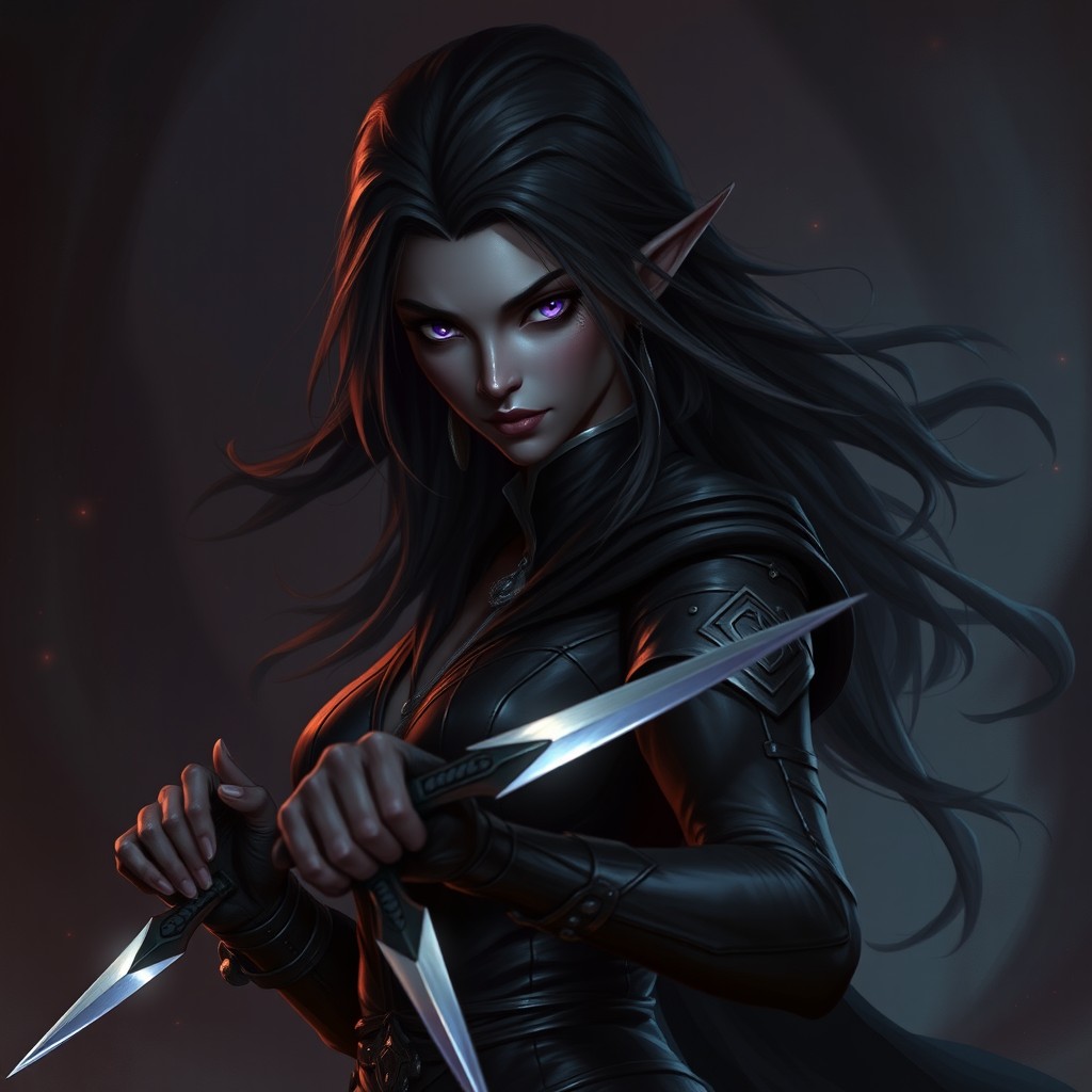 A female Shadar-Kai rogue, characterized by her shadowy skin, dark flowing hair, and piercing eyes that glimmer with an otherworldly light