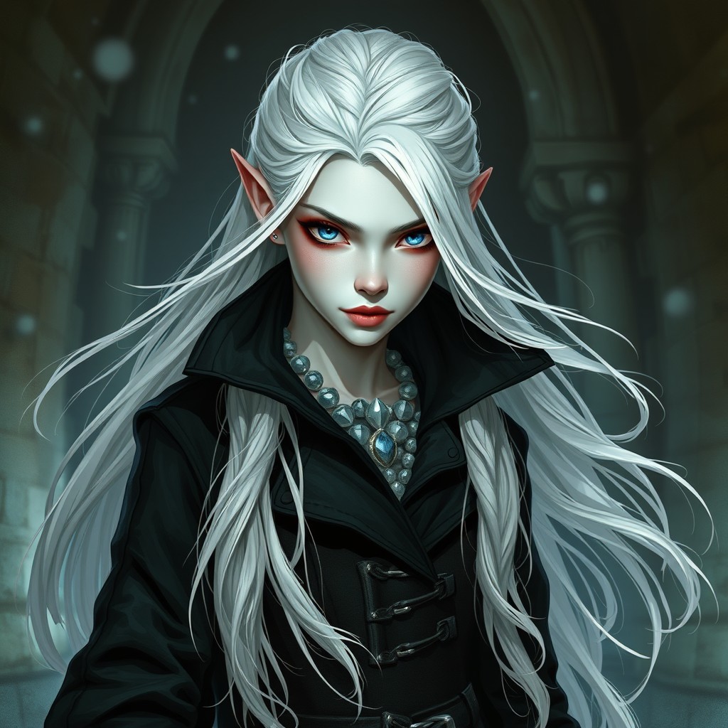 A young and beautiful female Shadar-kai rogue, characterized by her striking pale skin and flowing white hair