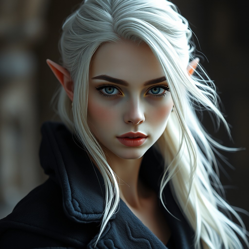 A captivating portrait of a young, beautiful female shadar-kai rogue, showcasing her striking features with pale skin and flowing white hair