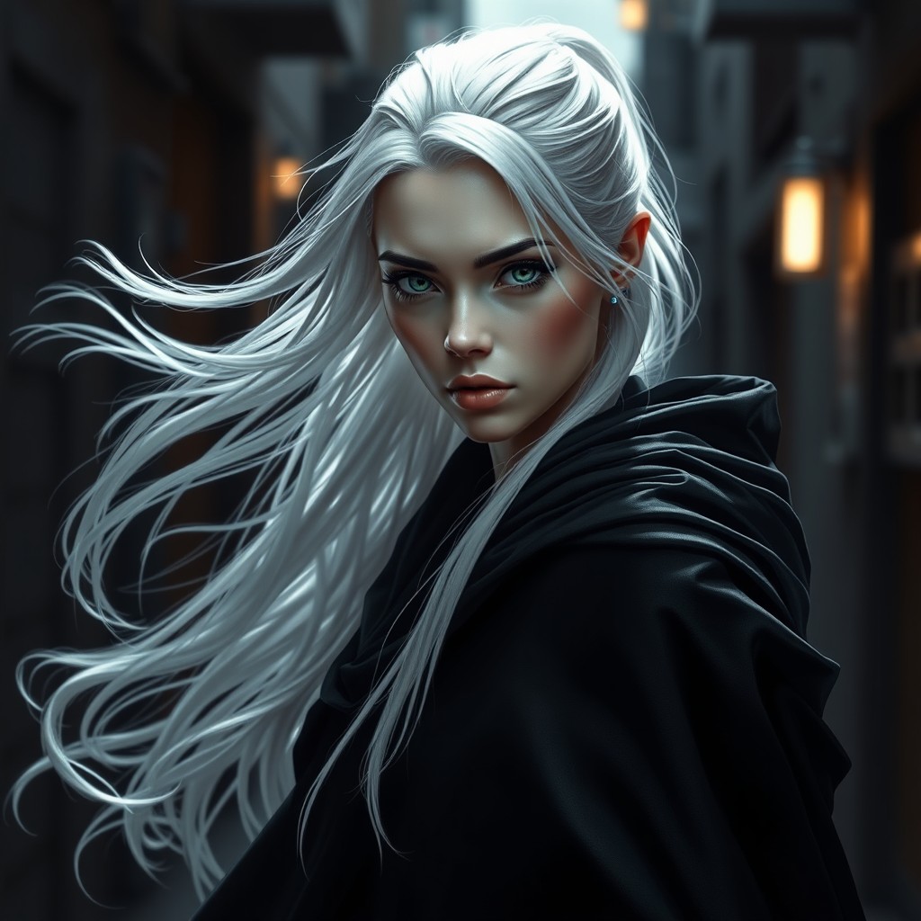 A stunning young female Shadar Kai rogue with flawless pale skin and flowing white hair