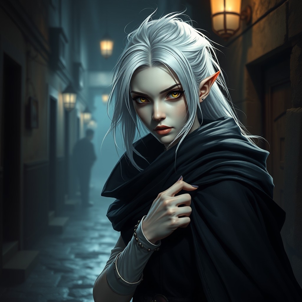 A young and beautiful female Shadar-kai rogue with pale skin and striking white hair