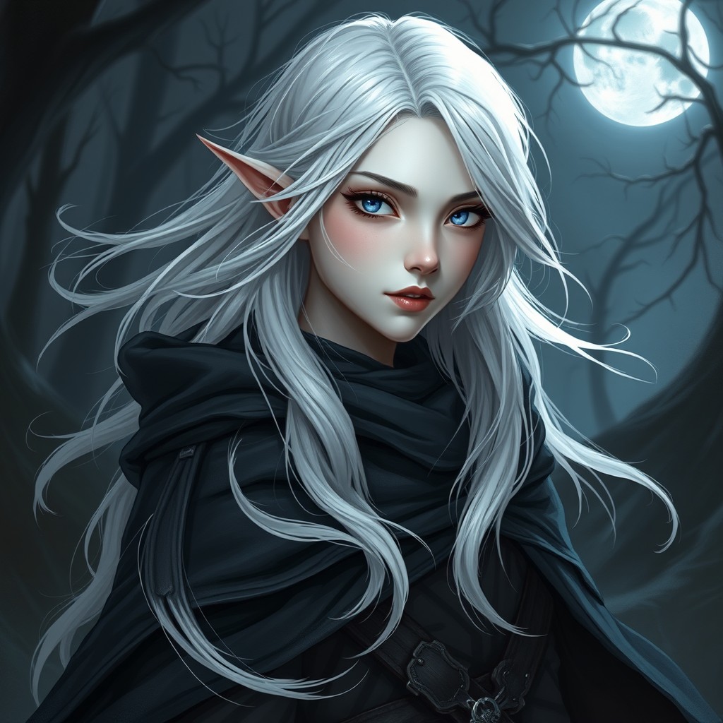 A stunning young female Shadar-kai rogue characterized by her striking pale skin and flowing white hair