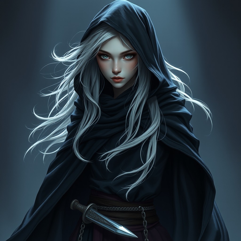 A young, beautiful female Shadar-kai rogue character, showcasing her striking features with pale skin and flowing white hair