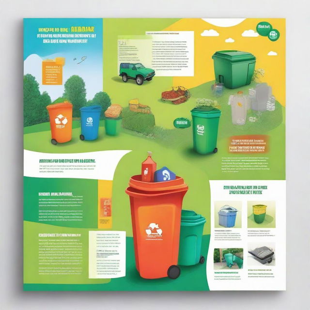 A vibrant and appealing brochure highlighting the importance of proper solid waste management, with illustrations of disposal methods, recycling bins, and clean environments.