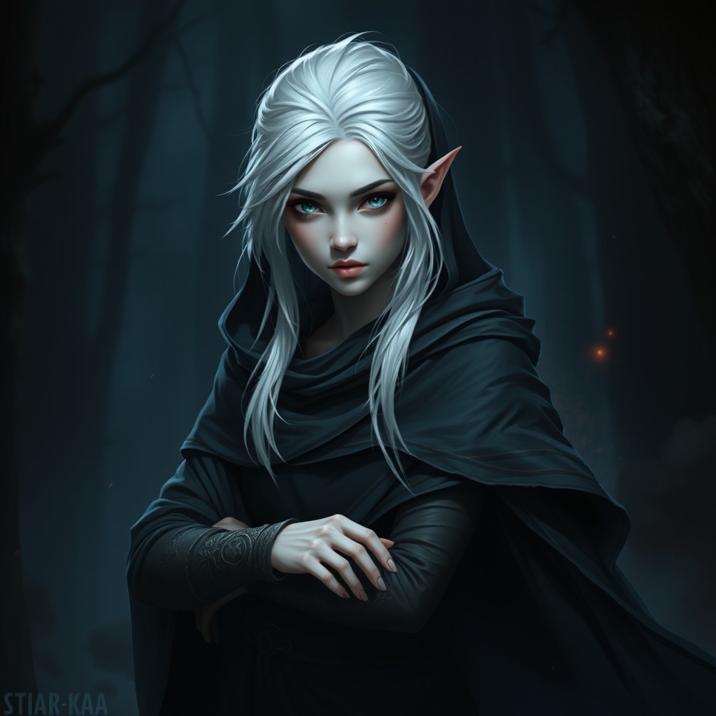 A young, beautiful female Shadar-kai rogue with pale skin and striking white hair stands poised for action