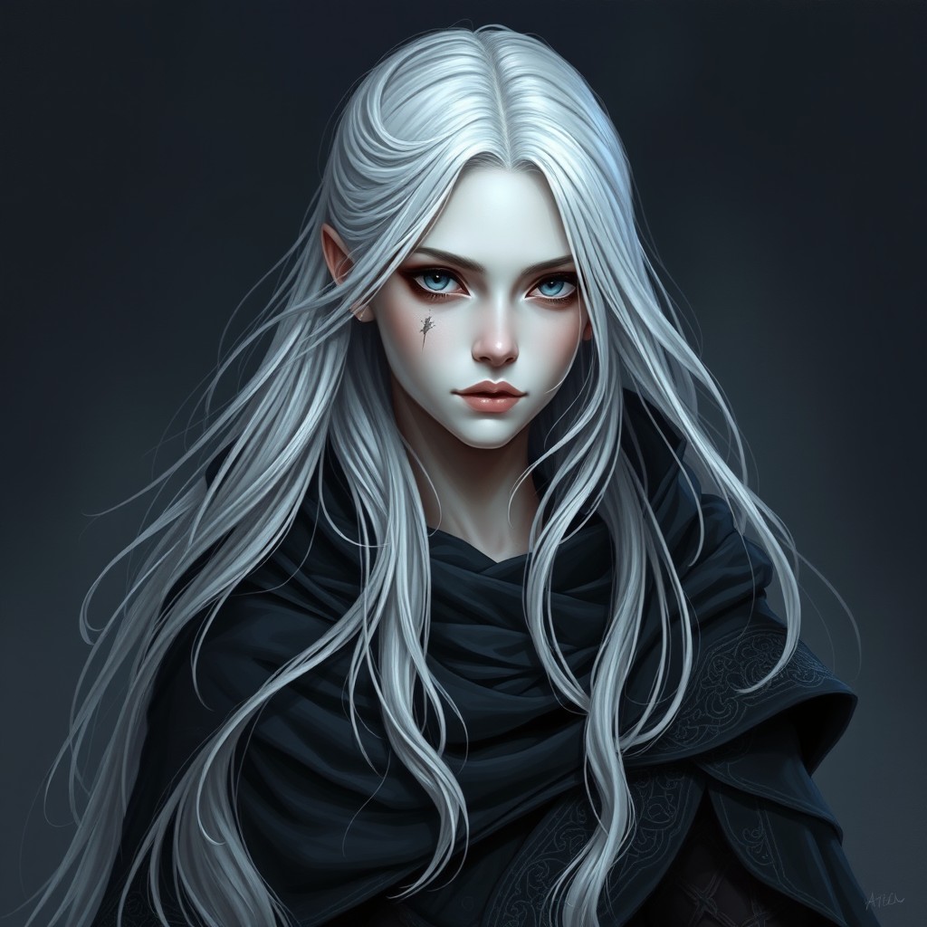 A detailed portrait of a young, beautiful female Shadar-kai rogue, featuring her striking pale skin and long flowing white hair that cascades down her shoulders