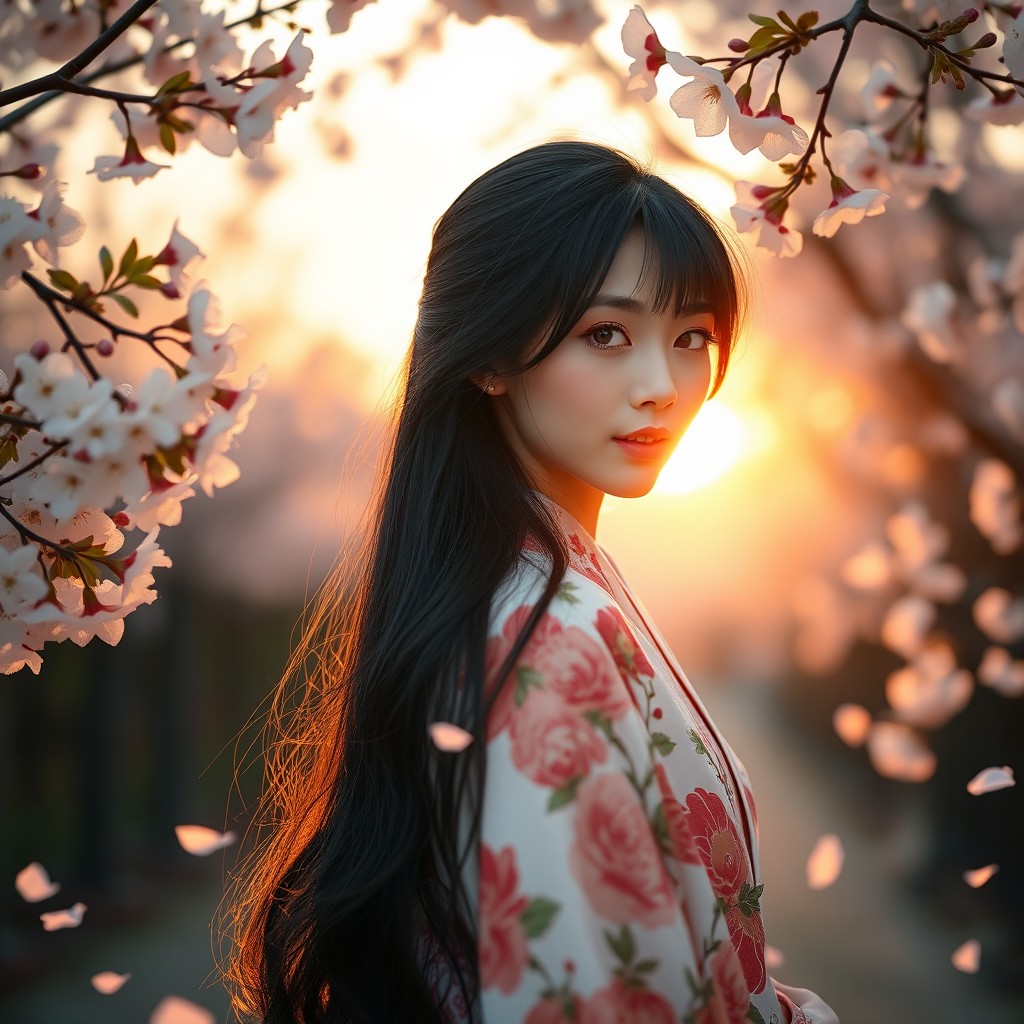 A beautiful and elegant Asian girl with long black hair, dressed in a traditional floral kimono, standing gracefully in a serene cherry blossom garden