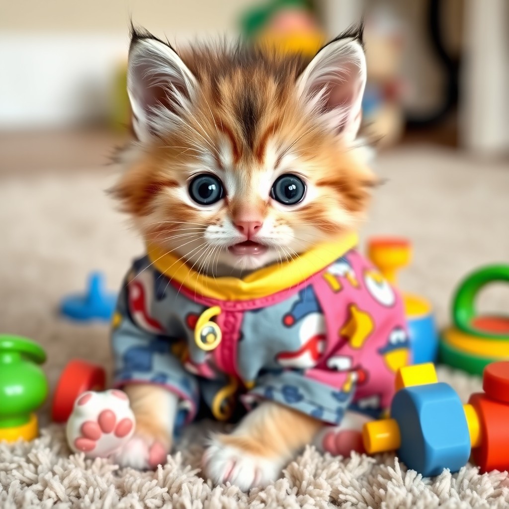 A cute kitten dressed in colorful, playful children's clothing, resembling a toddler