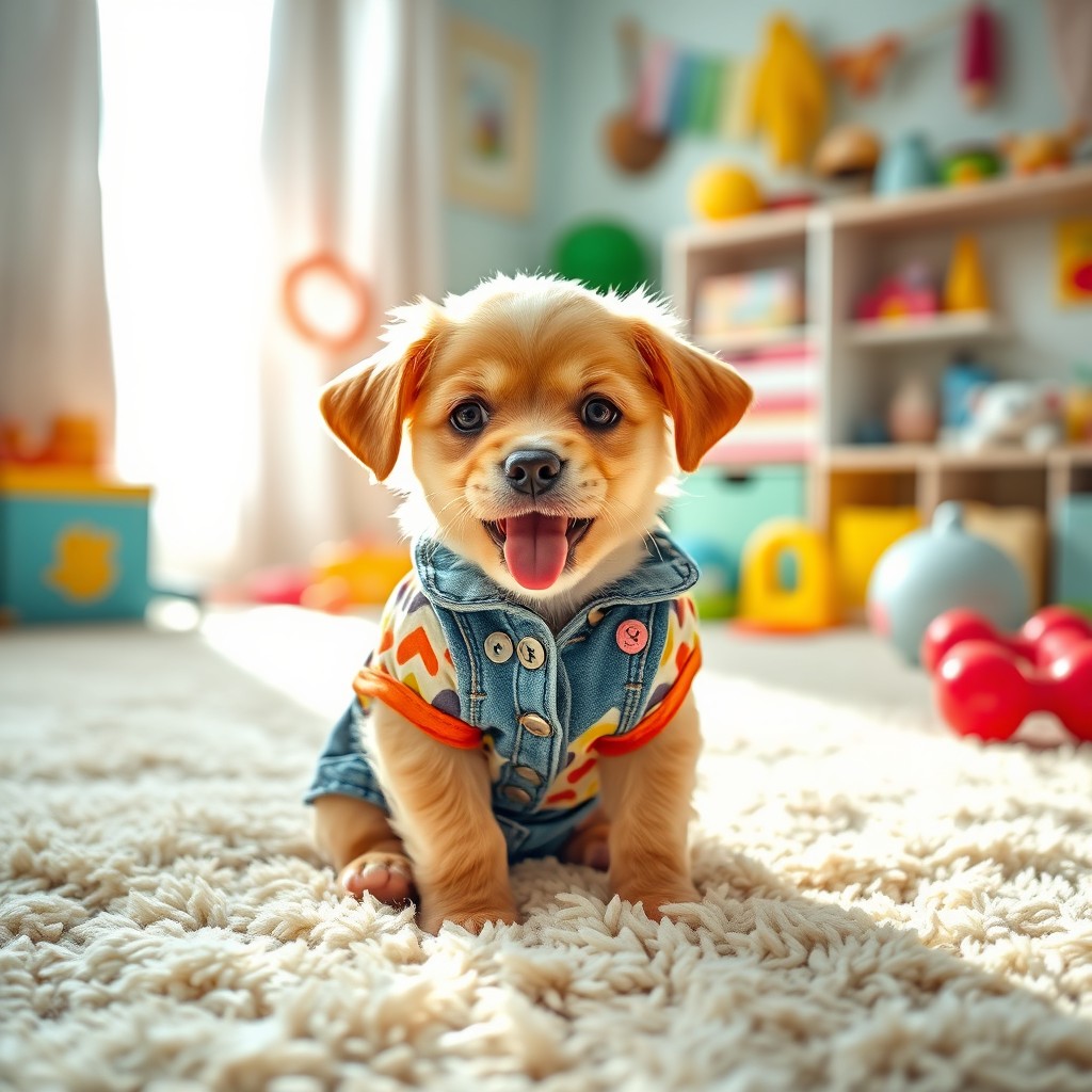 A cute puppy dressed in adorable children's clothing, wearing a tiny colorful shirt and little denim shorts
