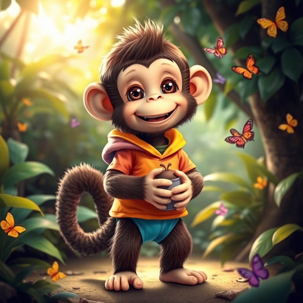 A cute little monkey dressed like a child, wearing bright, colorful clothing