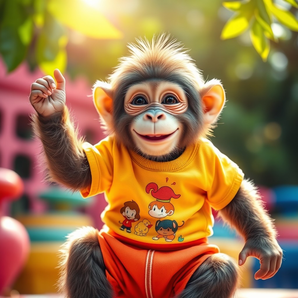 A realistic monkey dressed in colorful children's clothing, resembling a toddler