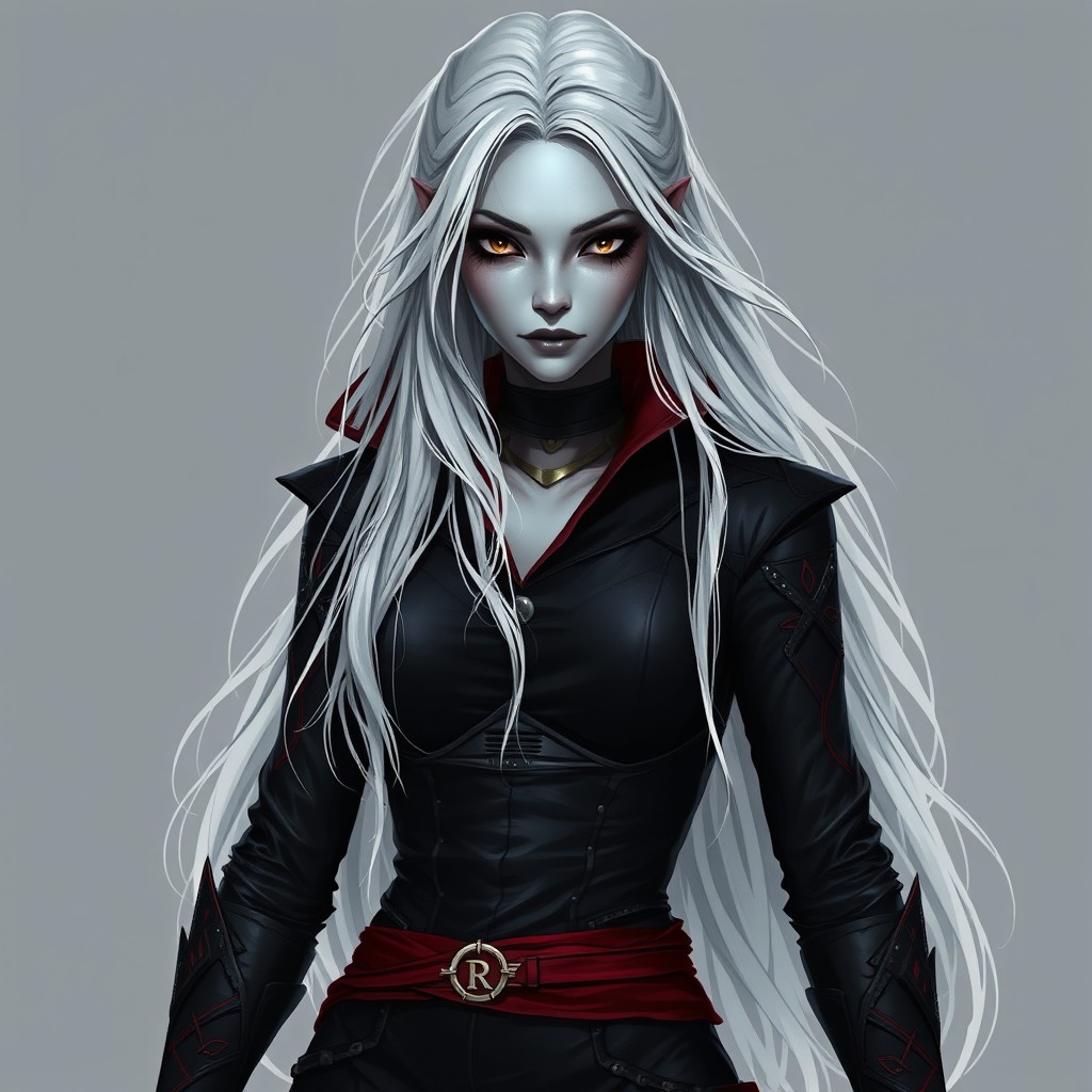A full-body portrait of a female Shadar-kai rogue, embodying the Way of the Shadow and a devoted follower of the Raven Queen