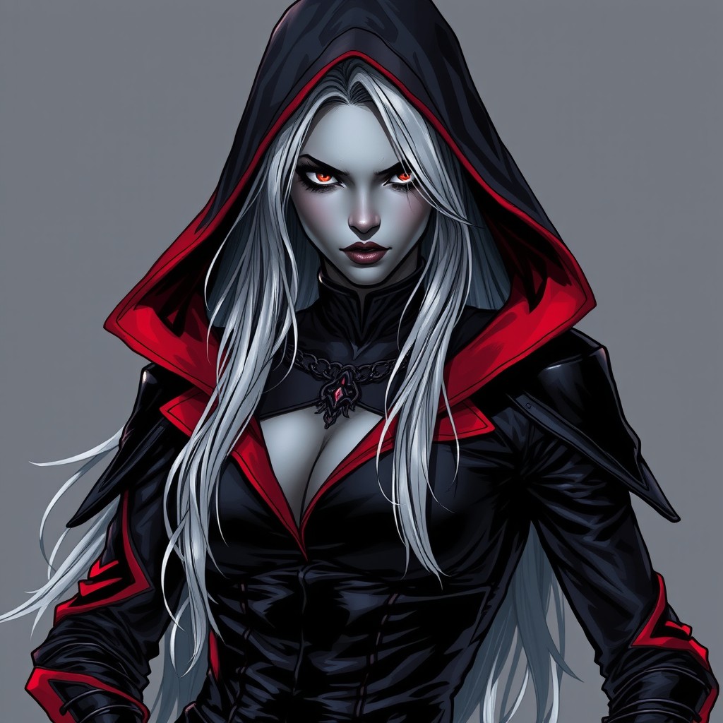 A full body shot portrait of a female shadar-kai rogue, embodying the dark and mysterious essence of the Way of the Shadow