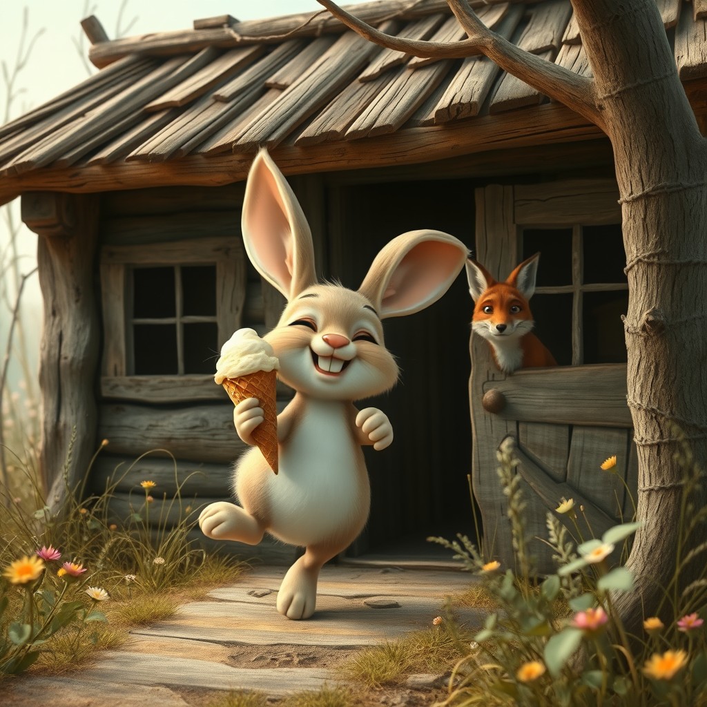 A whimsical scene featuring a toothless rabbit holding an ice cream cone, joyfully hopping into a deserted hut