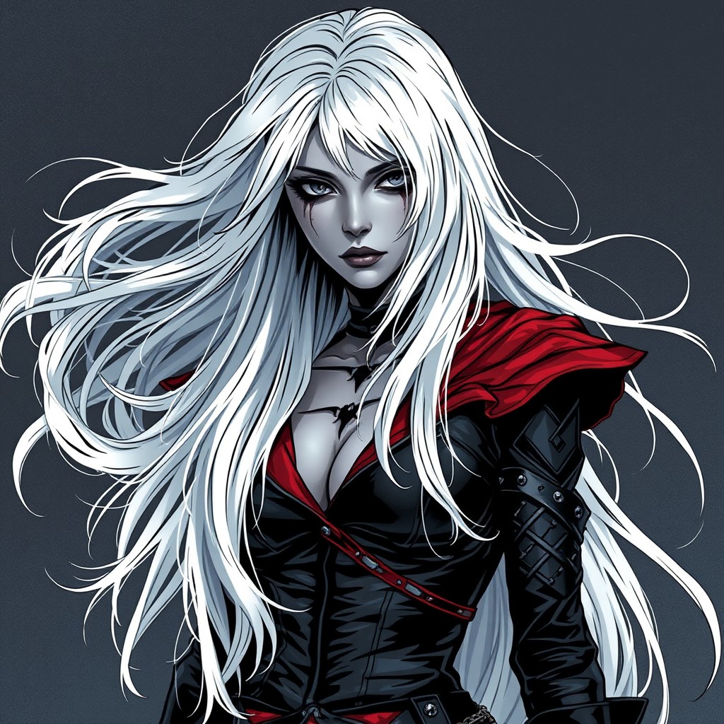 A full body shot of a female shadar-kai rogue, featuring striking dark eyes and flowing white hair
