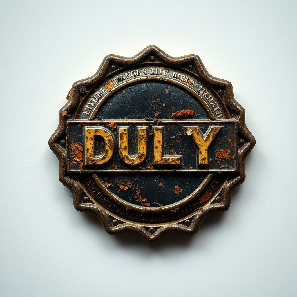 A strikingly expressive portrait of a dirty badge, showcasing intricate details like worn-out edges and faded lettering