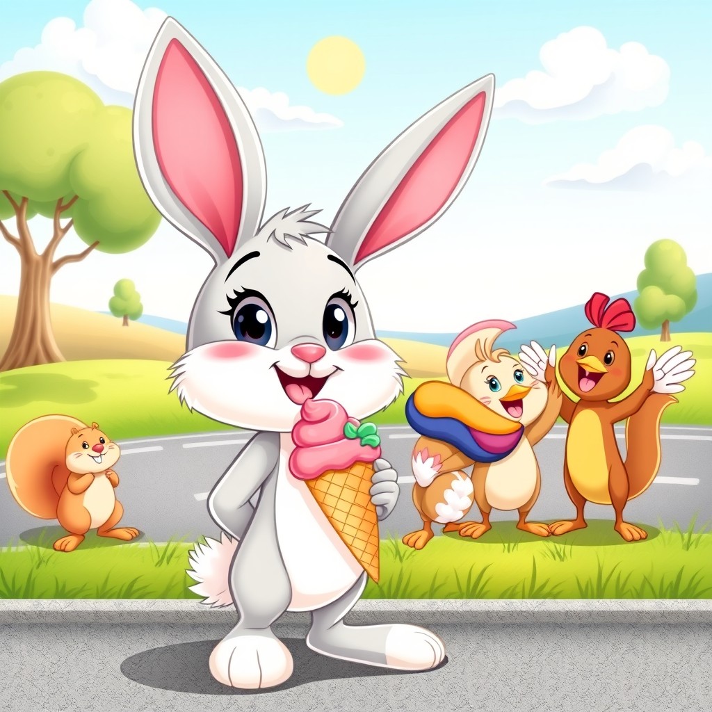 A cute cartoon bunny happily holding a colorful ice cream cone while standing by the road