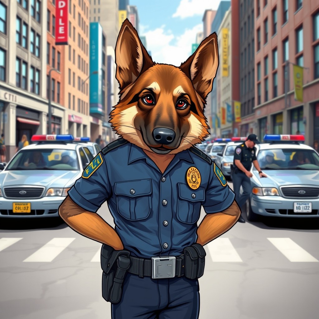 A fantastical and whimsical illustration of a police officer with a dog's head