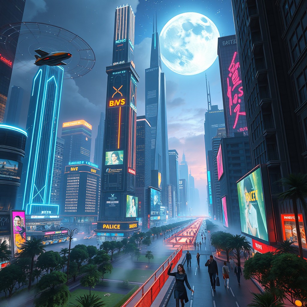 A futuristic cityscape at night with towering skyscrapers illuminated by neon lights