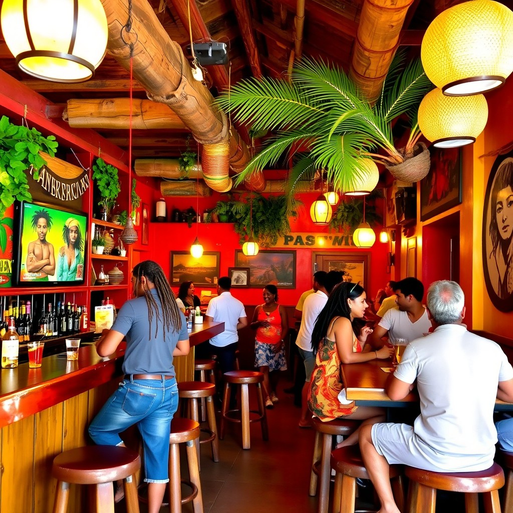 A lively bar scene with a Rastafarian theme, featuring vibrant colors like red, green and yellow