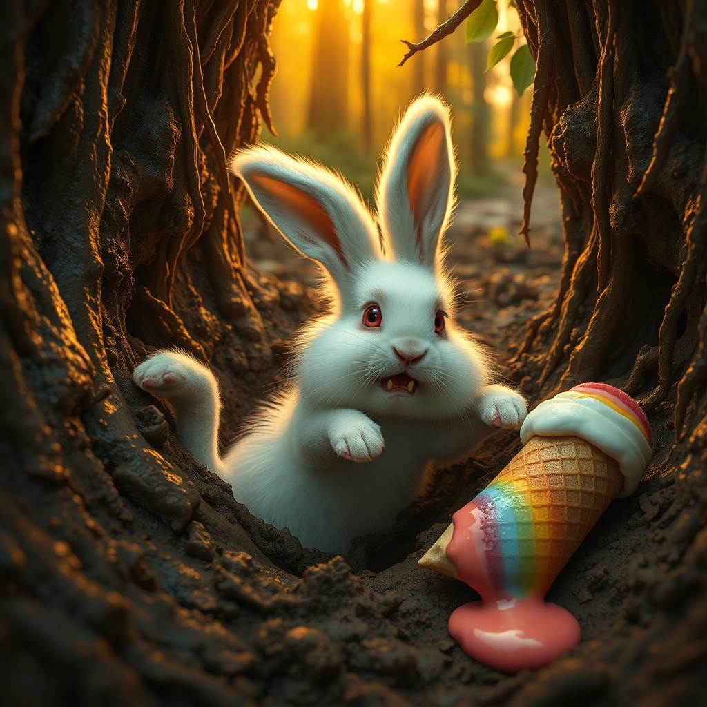 A fluffy white rabbit with missing front teeth frantically scrambles in a deep forest pit, its paws clawing desperately at muddy walls that are slick with rainwater and tangled roots