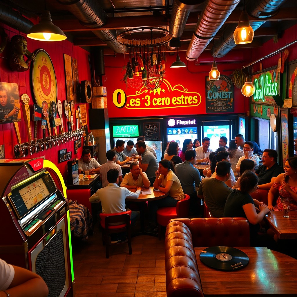 A lively interior of a bar named '0 es 3 cero estrés', designed as a rasta brewery featuring colorful decor with red, gold, and green accents