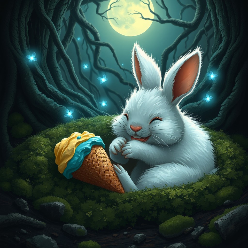 A fluffy white rabbit with missing teeth lies curled up in a mossy forest pit, its paws clutching a half-melted rainbow ice cream cone