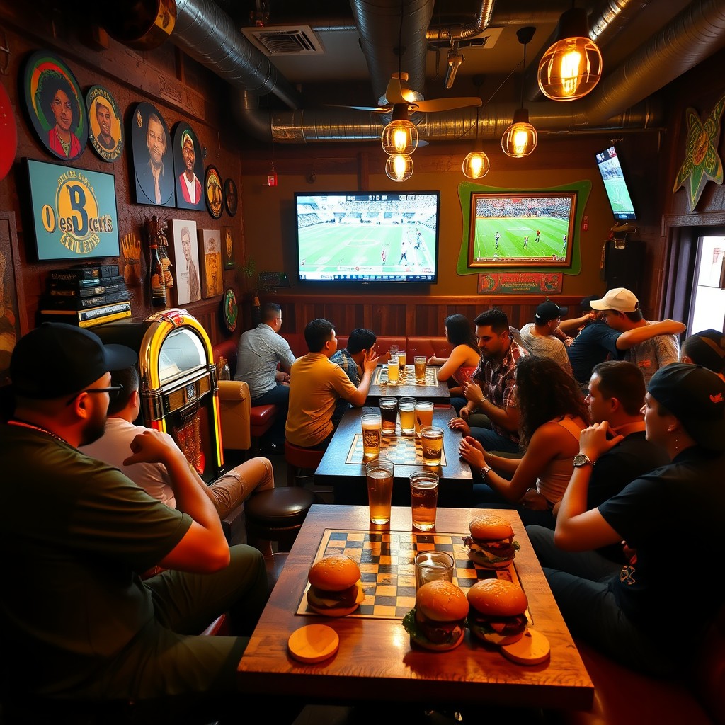 A vibrant bar scene at '0 es 3 cero estrés,' a Rasta-themed brewery