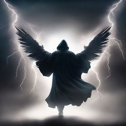 A man in a black hooded robe, backlit by ethereal wings emanating from his silhouette, bravely flying into an intense thunderstorm.